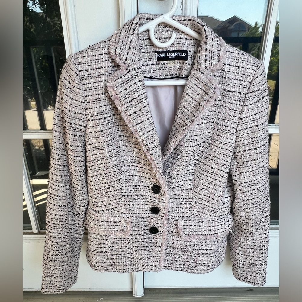 Karl Lagerfeld Paris Collar Tweed Jacket With Fringe size 8